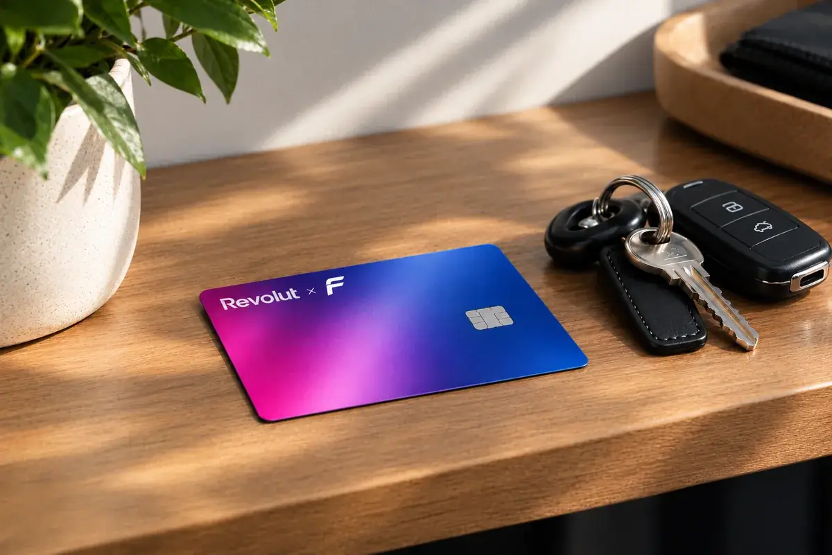 Tarjeta Revolut × Filnet sobre una mesa junto a unas llaves